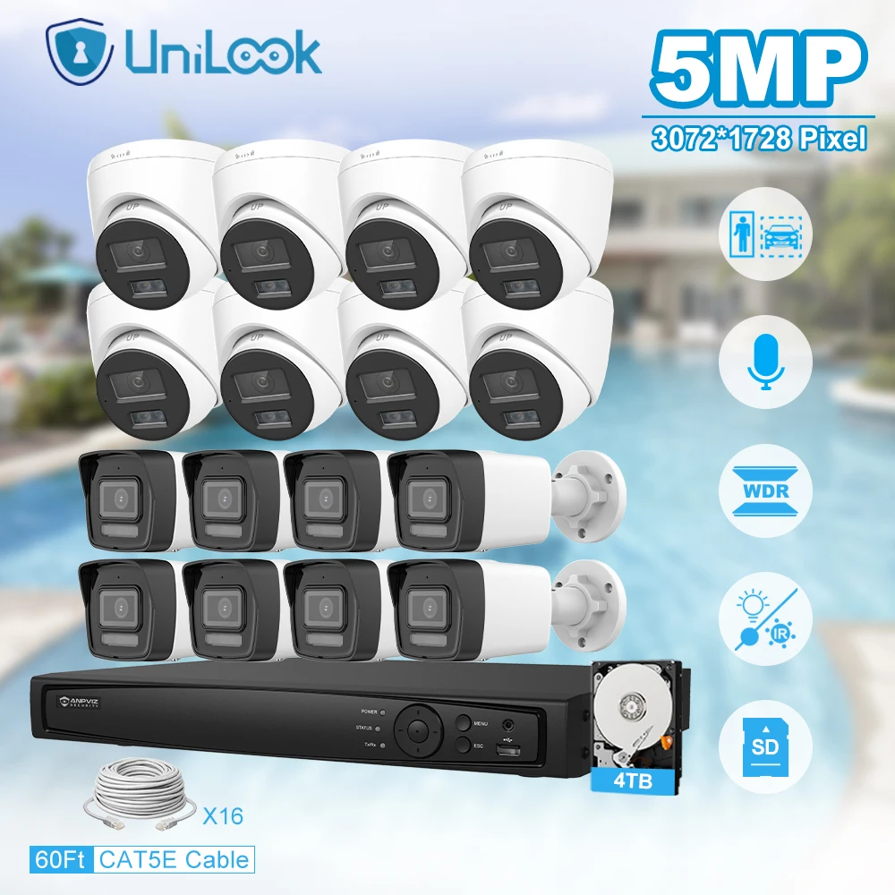 

Unilook Security Protection 5MP Mini IP Camera System Kit 16pcs IP Camera Indoor 16CH 4K NVR CCTV Security System P2P View IP66