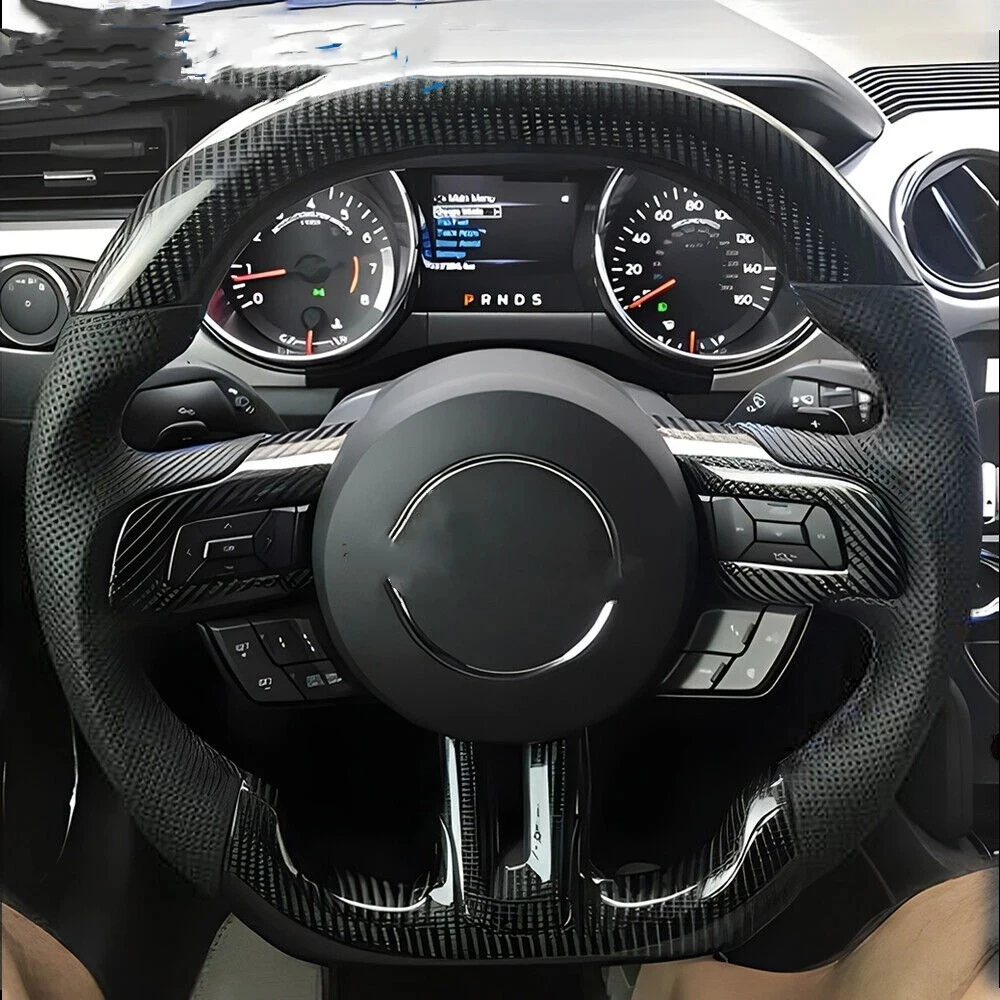 Carbon Fiber Flat Real Steering Wheel Perforated Leather For 2015-2023 Ford Mustang EcoBoost Shelby Sport Racing GT350 GT500