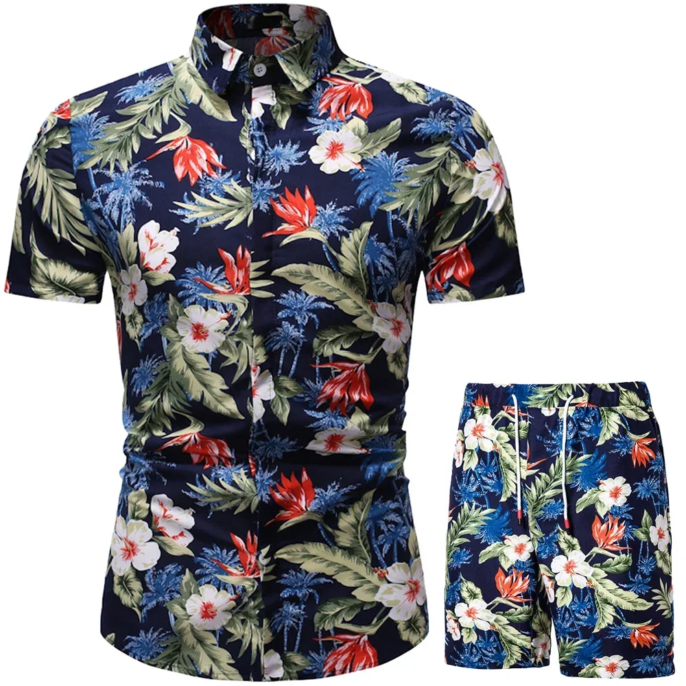 Herren-Kleidungsset 2024, zweiteiliges Set, Sommer, Strandkleidung, Blumendruck, Freizeithemd und Shorts, Hawaii-Hemd, Urlaubskleidung