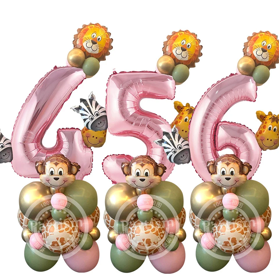 31pcs Wild Animal Pink Balloon Tower with 1-9 Number Balloon for Girl's Wild One Themed Birthday Jungle Safari Party Decoration