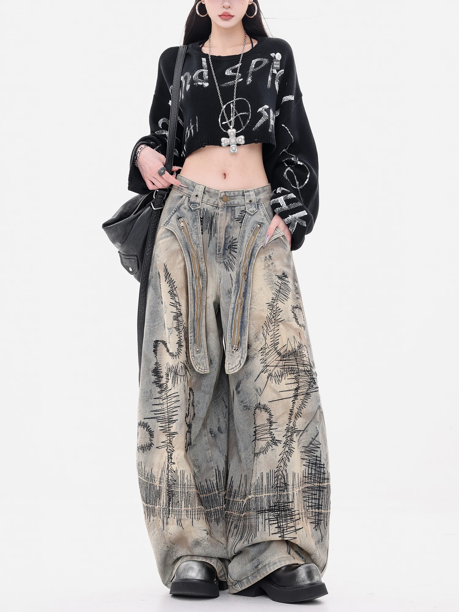 

Оригинальные джинсы ABWEAR с эффектом потертости и вышивкой, свободные, широкие, женские, винтажные, из выцветшего денима, брюки в пол