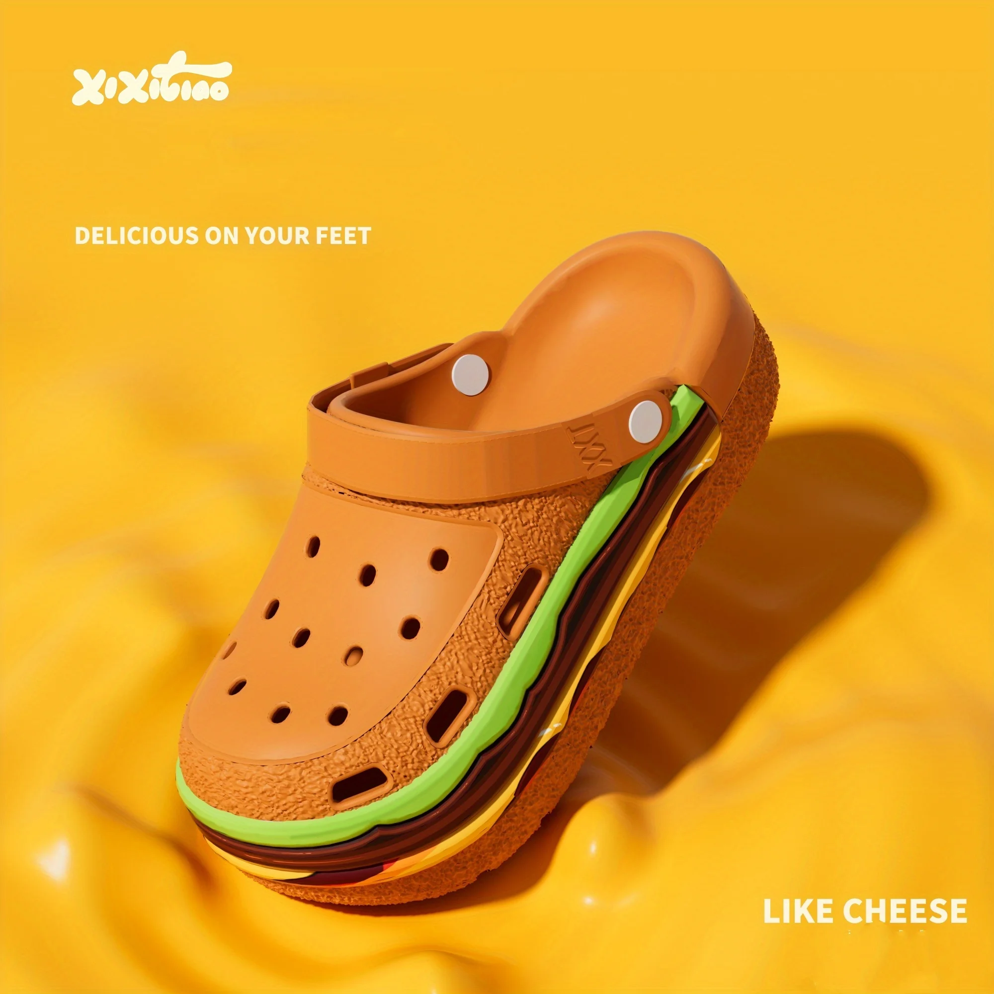 Damen Sommer lustige Burger-Plateau-Slides im Food-Design, klobige dicke Sohle, atmungsaktive, hohle, lässige Strand-Sandalen und Pantoletten