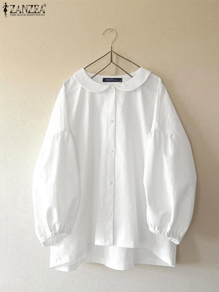 

ZANZEA Summer Fashion Tunic Peter Pan Collar Shirts 2025 Women Casual 3/4 Lantern Sleeve Solid Color Blouse Loose Elegant OL Top