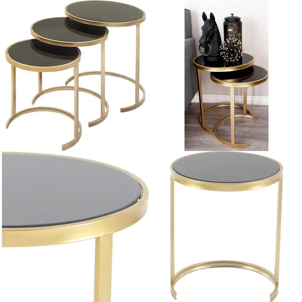 

Deco 79 Gold Metal Round Nesting End Tables with Black Glass Top, Set of 3, Heights 21, 19, 17 Inches
