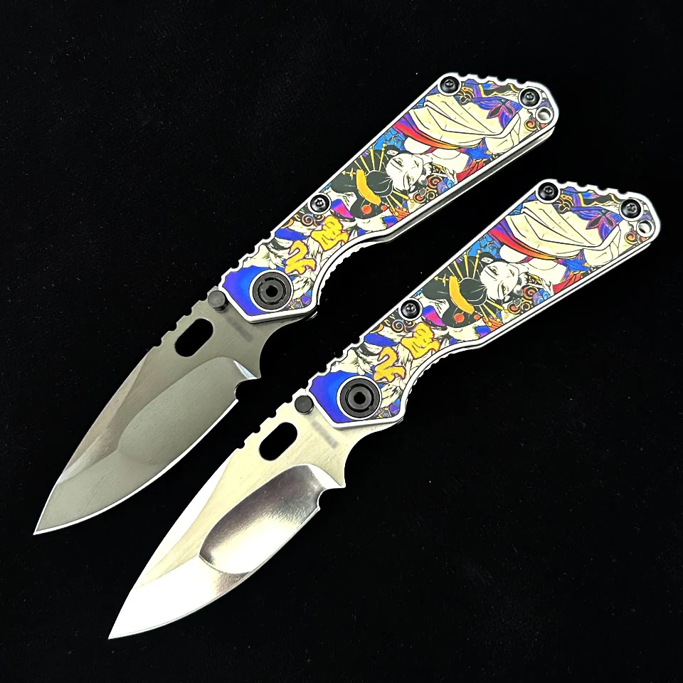 D2 Steel Folding Knife Titanium Alloy Ukiyo-e 3D Color Print Handle Full CNC Machining Outdoor EDC