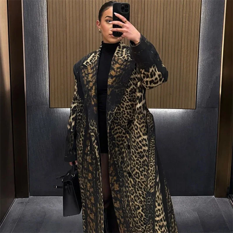 Leopard Print Trench Coat For Women With Lapel Neck Full Sleeves Adjustable Belt Fall Winter Street Style Casual Outwear Jacket