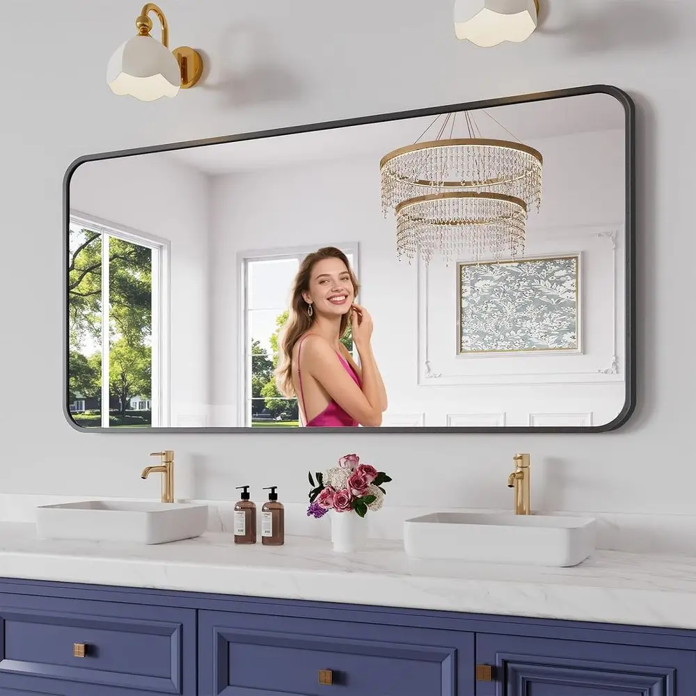 

Зеркало для ванной комнаты, зеркало в черной металлической рамке 30X60 дюймов для ванной комнаты, закаленное стекло, антикоррозийное, закругленное прямоугольное зеркало для отдыха