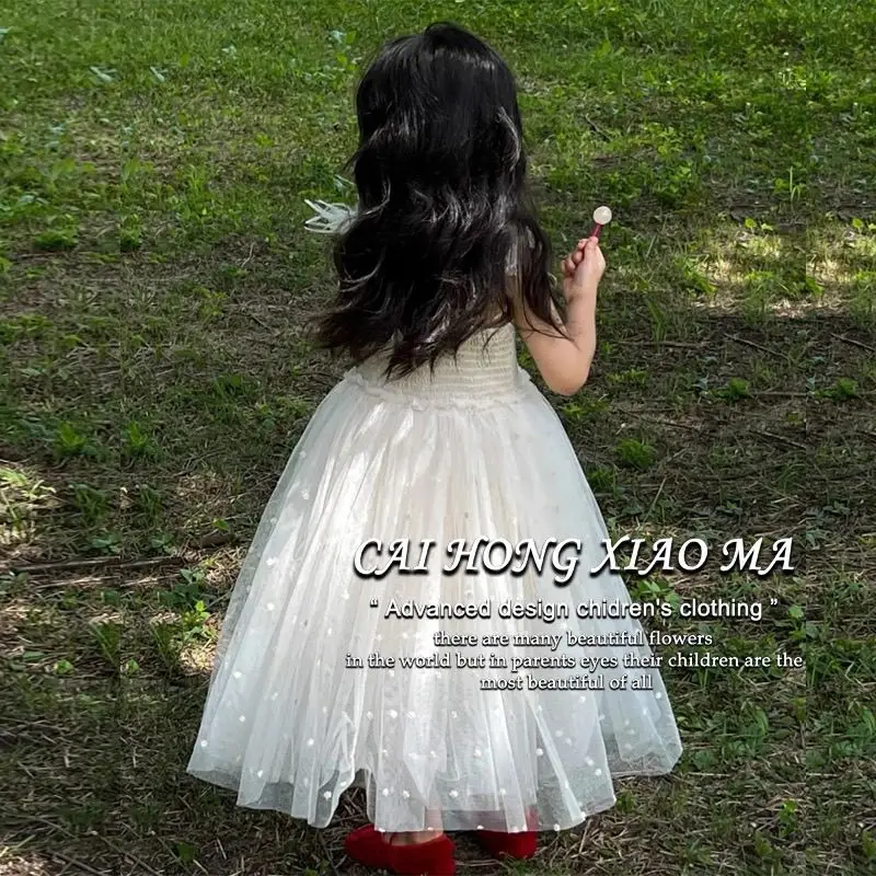 Summer Spanish Princess Lace Gauze Long Dress Girl Kawaii Sling Clothes Elegant Wedding Birthday Party Ball Gown Lace Skirts