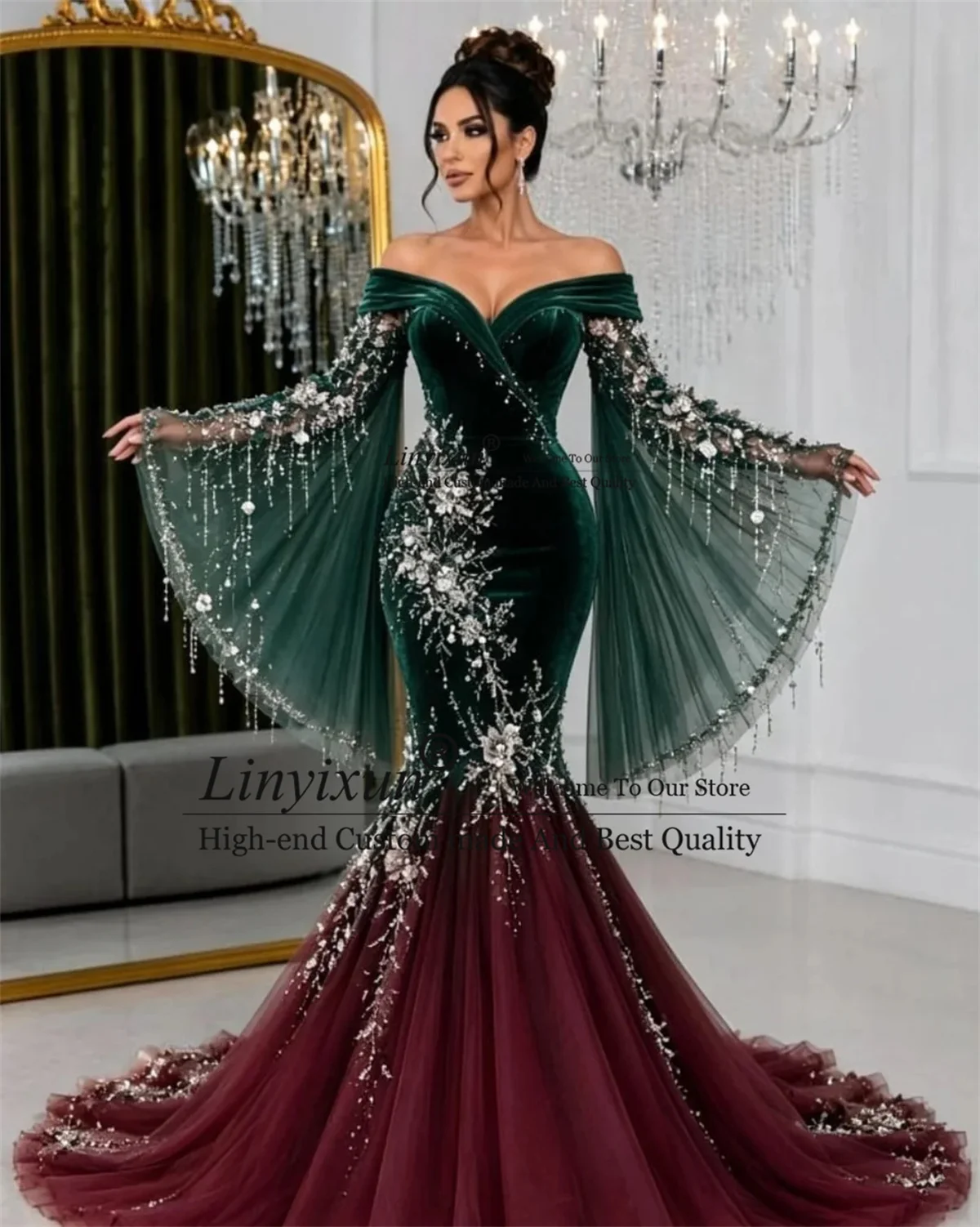 Arabisches Dubai Meerjungfrau-Abendkleid Maßgeschneidert Schulterfrei Glitzer Perlen Pailletten Abendparty Zweiter Empfang Spitze Robe De Soiree
