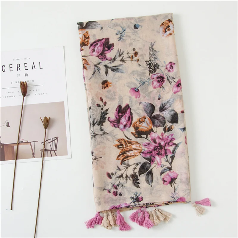 Fashion Printing Flower Tassel Shawl Cotton Viscose Scarf Women Beach Sunscreen Shawl Muslim Hijab Wrap Headscarf 180*90cm