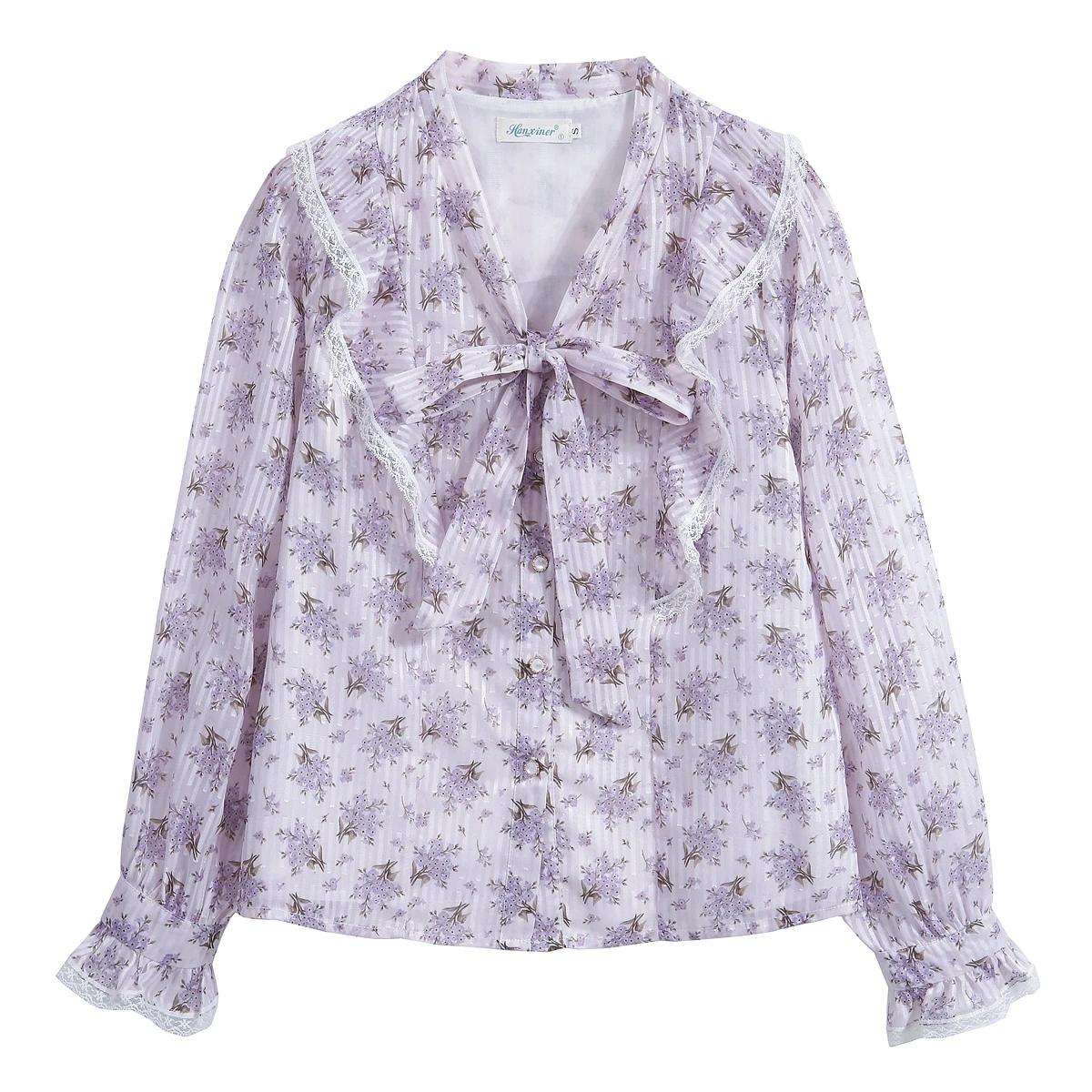 Purple Floral Chiffon Blouse for Women Spring Summer Casual Ruffles Bow Long Sleeve Shirt Top Clothing