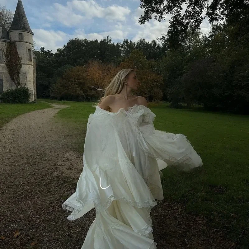 ชุดเดรสงานแต่งงานเจ้าหญิง แบบเปิดไหล่ แขนยาว ทรงเอไลน์ ผ้าซาติน ยาวกรอมพื้น ชุดราตรี  แบบสั่งตัดพิเศษ สไตล์พาสเทล