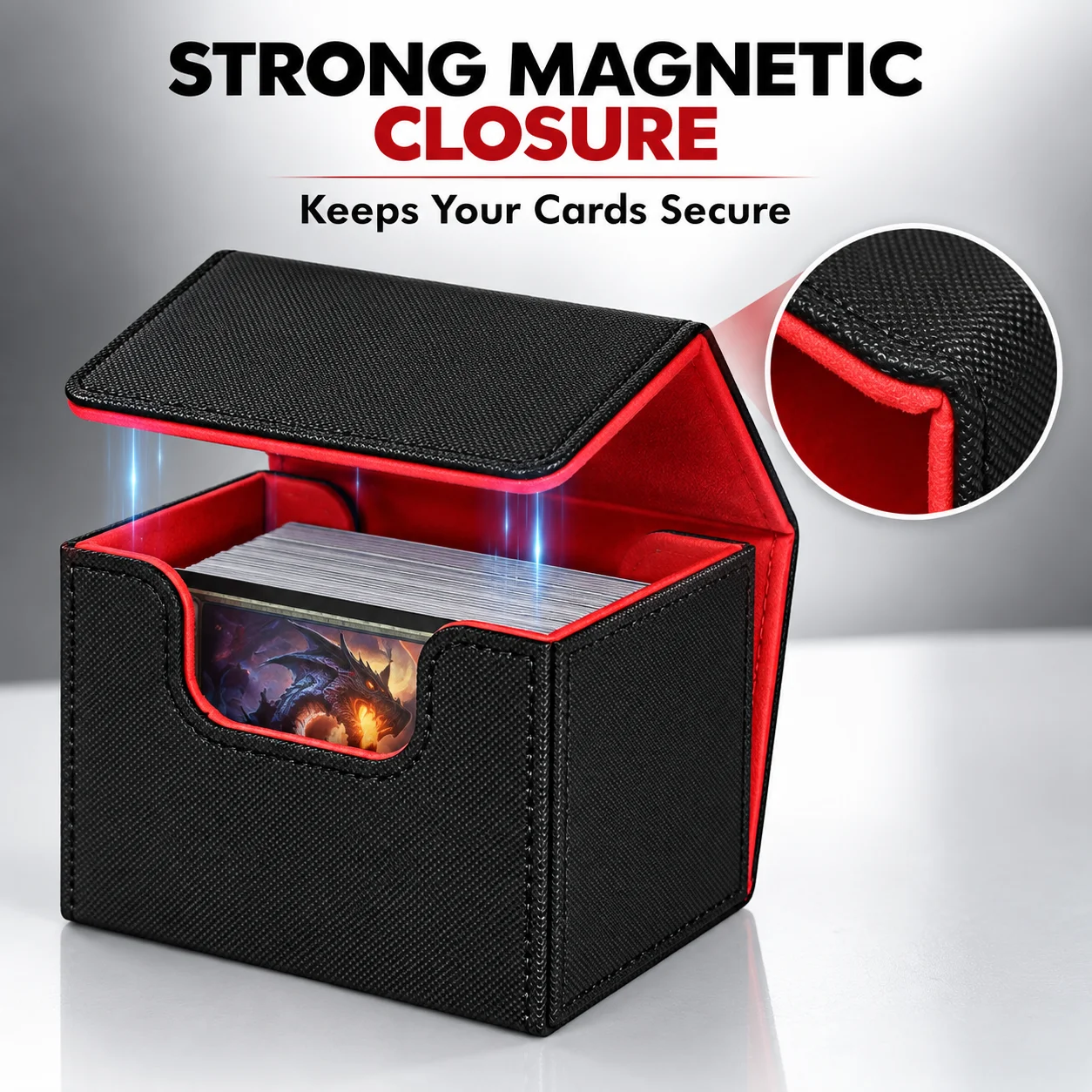 L Horizontal Card Deck Box with Two Dividers Leather Storage Case for 150+ Single Sleeved MTG TCG CCG Trading Card Black Red