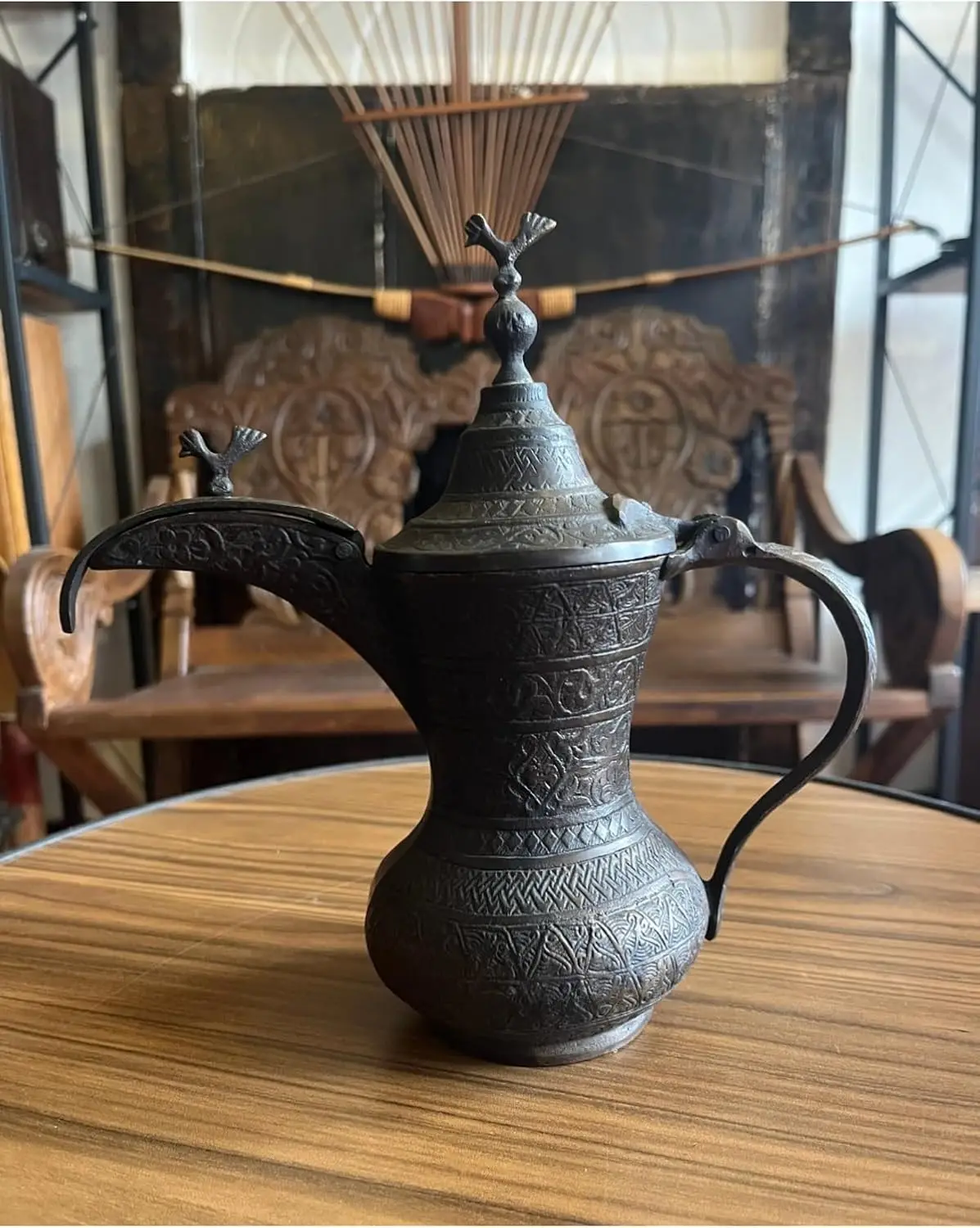 Antique Cast Iron Mirra Coffee Pot Ibrik - Traditional Engraved Decorative Object - Vintage Copper Finish - Unique Middle Easter