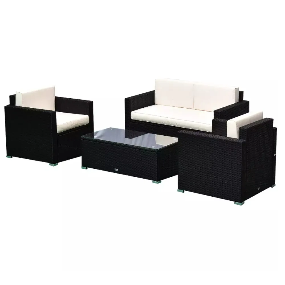 

XMSJ Outside Rattan Wicker Chair Loveseat Set For Patio W/ Glass Coffee Table, Brown