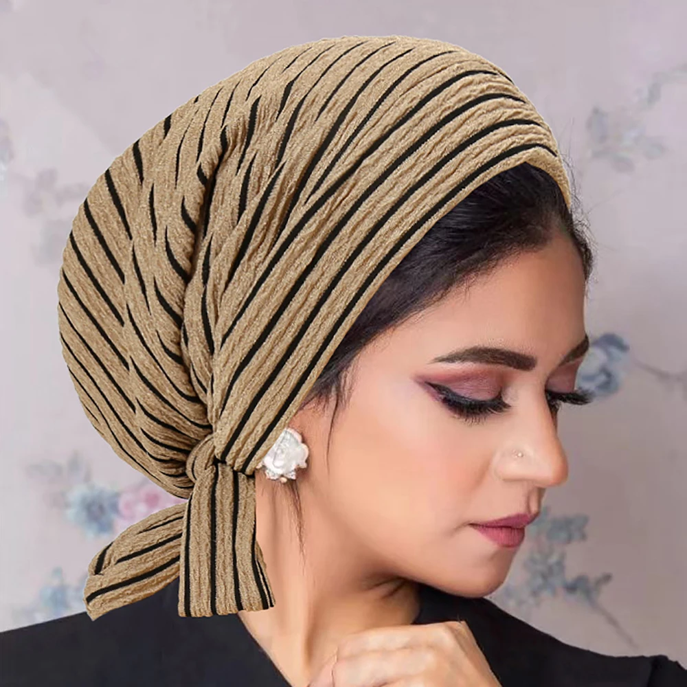 New Stripe Muslim Turban Hat Abaya Hijabs For Woman Islamic Underscarf Back Tie Abayas Jersey Turbans Instant Head Wrap Caps