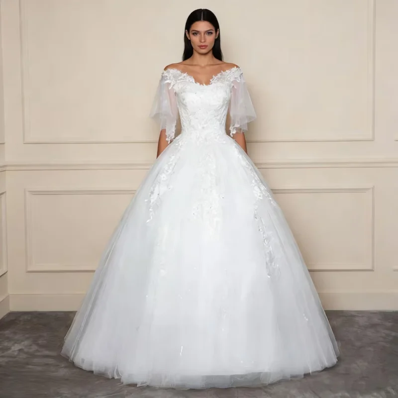 

Новое элегантное бальное свадебное платье класса люкс с кружевными аппликациями, шлейфом-чапел и корсетной спинкой, большие размеры, на заказ