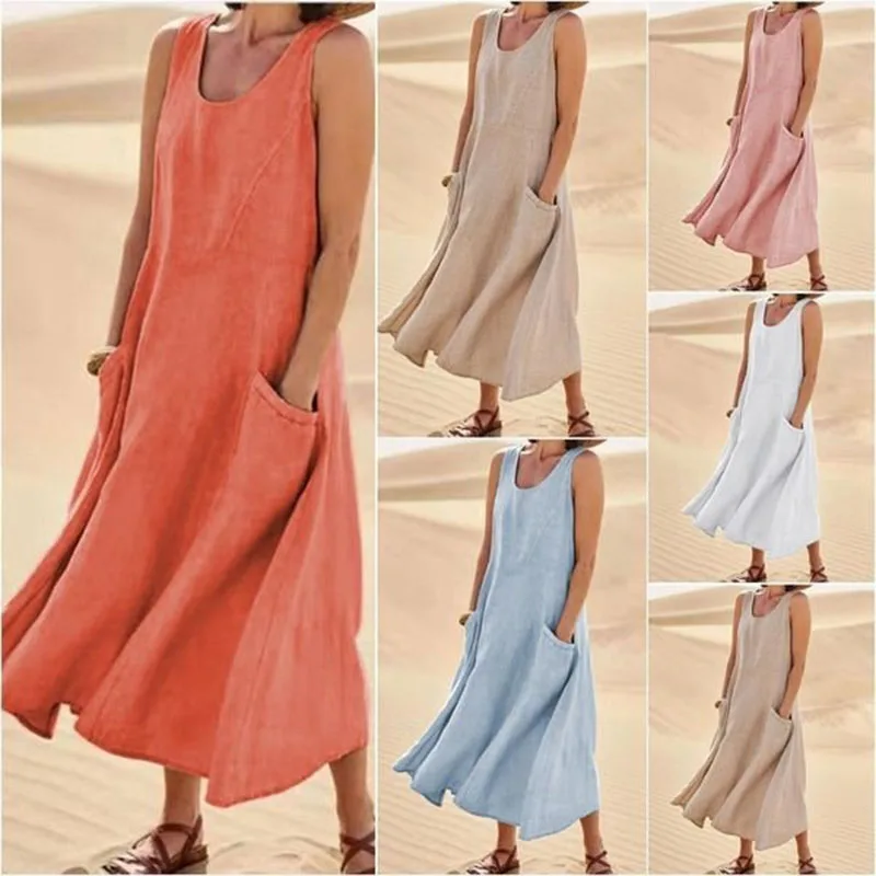 new Summer Women Sleeveless Sundress Elegant Round Neck Cotton Linen Solid Long Tank Dress Vintage Pockets Beach Vestidos 2023