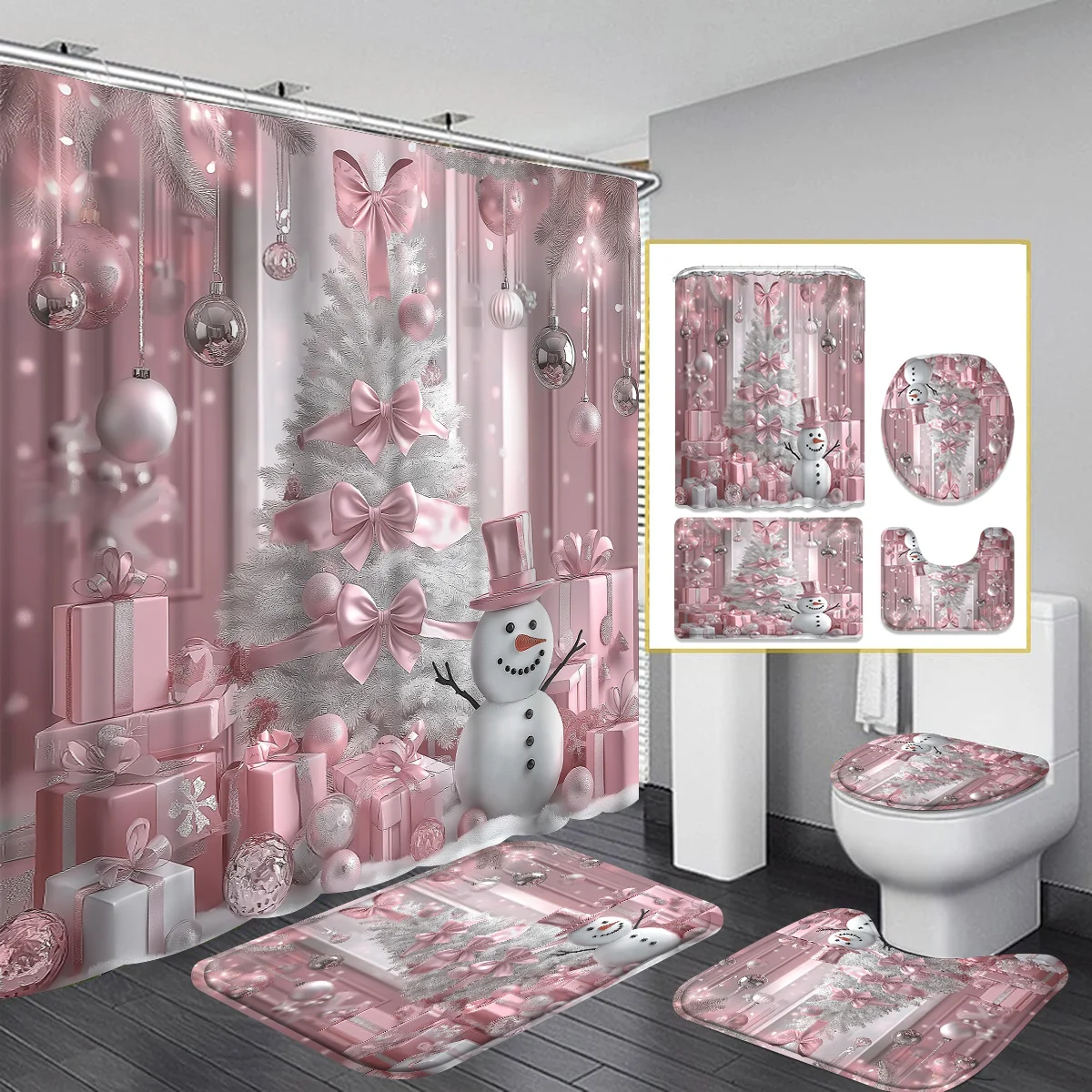 

4pcs Christmas Snowman Shower Curtain Set, with Hook and U-Shaped Toilet Seat Cover, Bathroom Accessories, Christmas Decoration