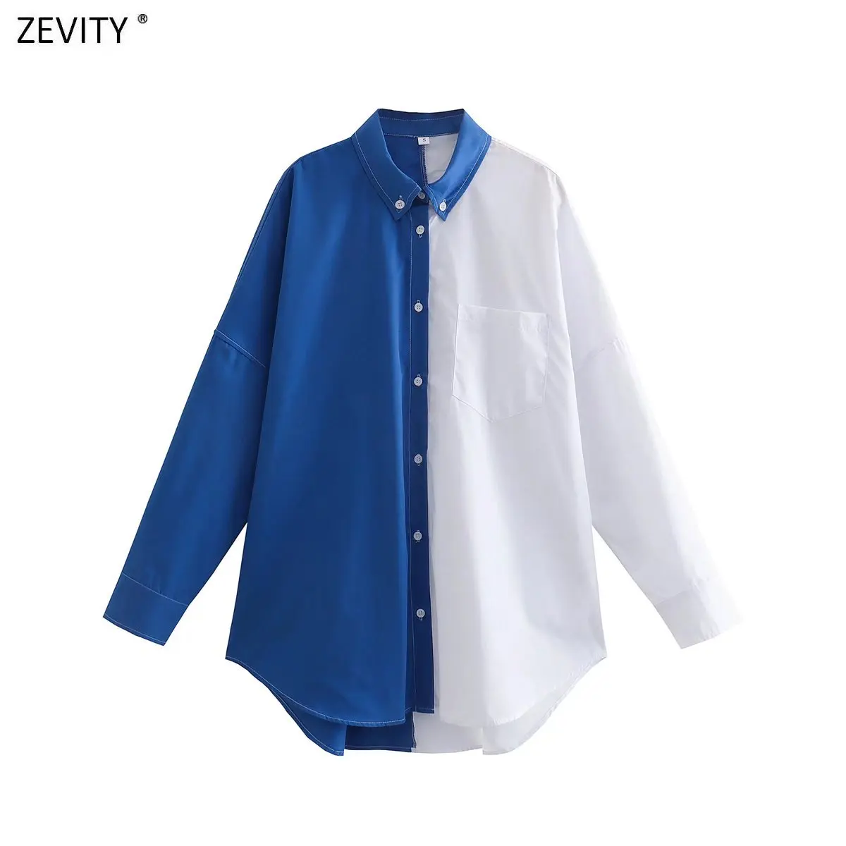 ZEVITY Women Fashion Contrast Color Patchwork Loose Blouses Ladies Long Sleeve Button-up Female Shirts Blusas Chic Tops LS730