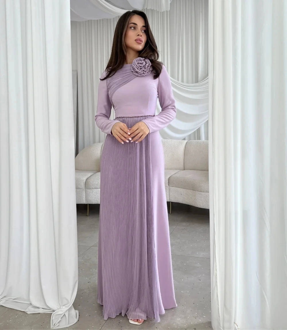 

Lilac Chiffon Long Sleeves Bespoke Occasion Gown Evening Dresses Pastrol Unisex Jersey Retro Dubai Saudi Arabic Prom Customized