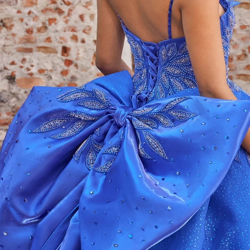 Vestidos De quinceañera brillantes azul real, vestido De baile con tirantes finos, encaje con cuentas, lazo De cristal, Tull, dulce 16, Vestidos De 15 De Anos