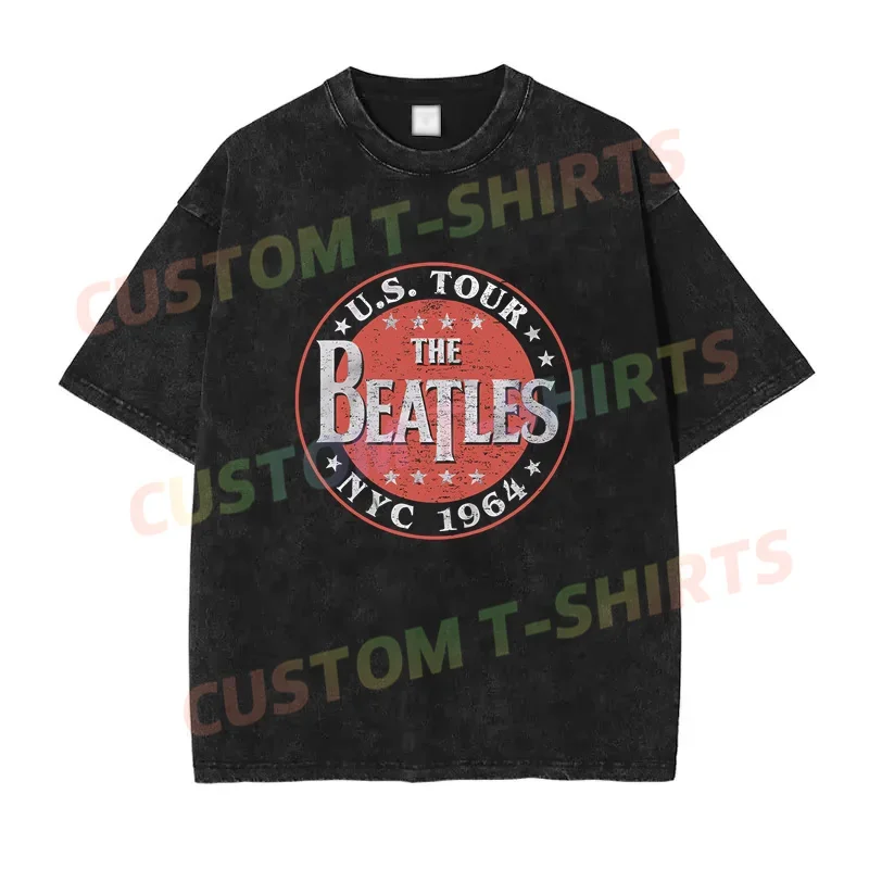 

2024 Summer Vintage Cotton Washed Rock The Beatle 1964 North American Tour T-Shirt Loose T Shirts Men Y2K Hip Hop Top Tee