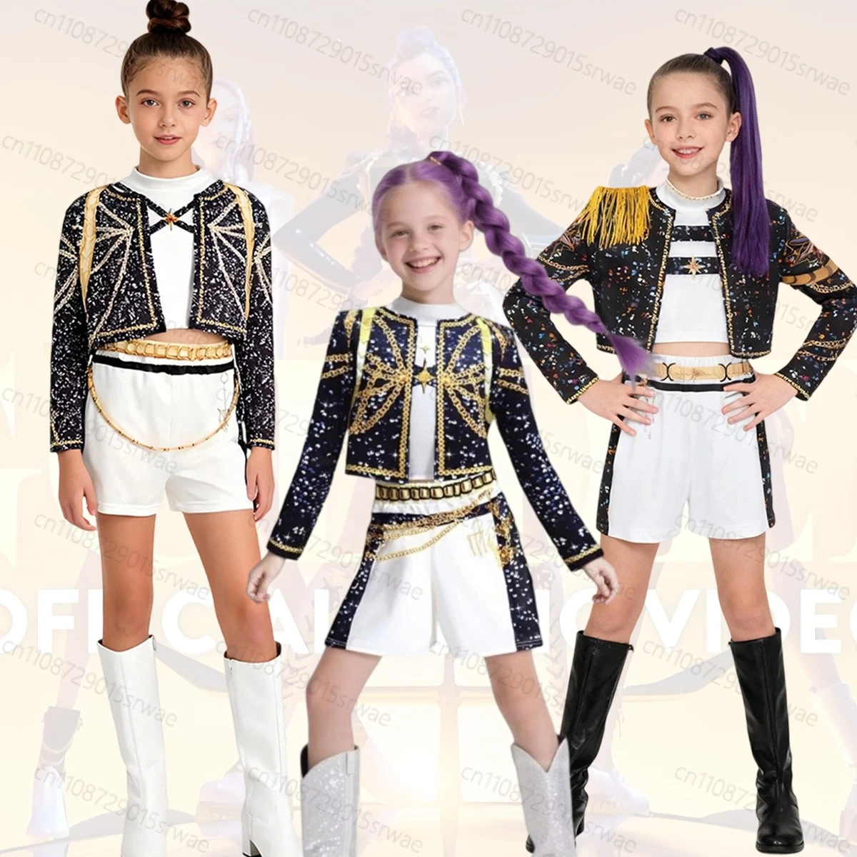 أزياء تنكرية للأطفال مصنوعة من نسيج الذهب الأسود K-Pop شيطان الصيادين رومي كرنفال حفلة بنات ملابس مغني البوب #1
