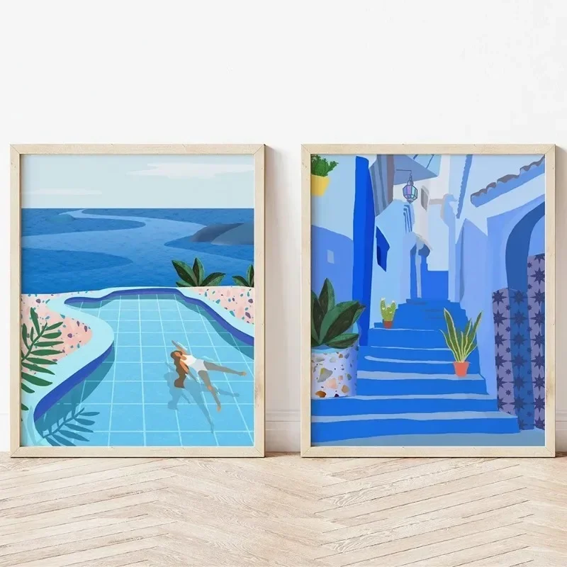 1pc frameless Canvas Painting Canvas Painting Morocco Travel Poster Swimming Pool Art Print Nordic Marrakech Modern Summer Wall