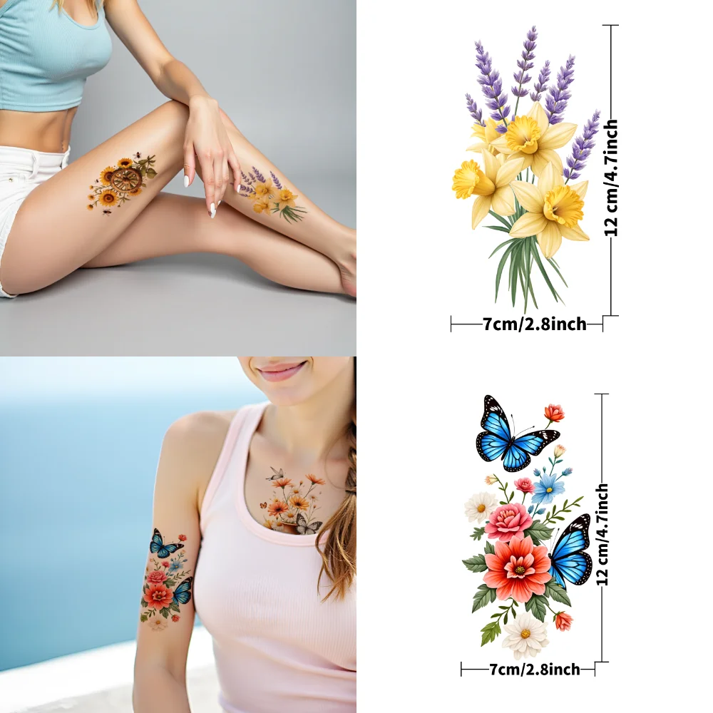 

12pcs Temporary Tattoo Floral Patterns Colorful Butterfly Design Flower Illustrations Temporary Tattoo Stickers For Male Arms