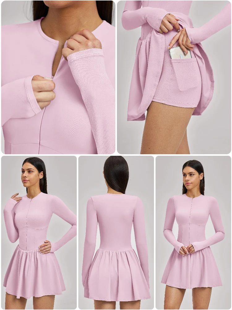 VITALINOVO Damen-Tenniskleid mit Reißverschluss vorne, Rundhalsausschnitt, fließend, plissiert, ärmellos, Mini-Golf-Sportkleid mit Shorts-Tasche – Detail 9