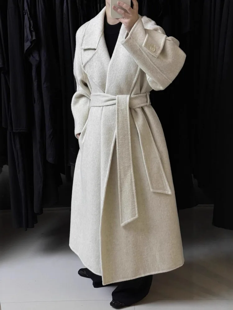 ZMEENNA Cappotto lungo in lana da donna Elegante giacca invernale con risvolto Capispalla chic Cappotto caldo con cintura a figura intera ZM3719