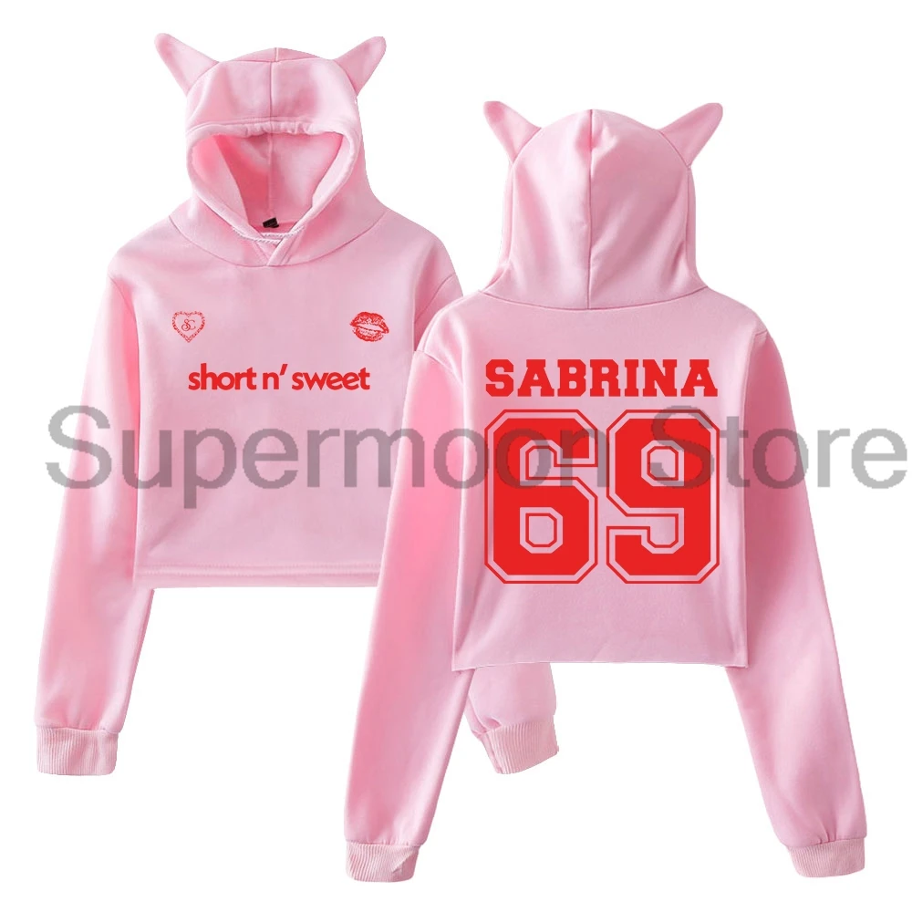 

Sabrina Carpenter Short n' Sweet Merch Hoodie Cat Ears Hooded Sweatshirt Long Sleeve Crop Top Women's Clothes