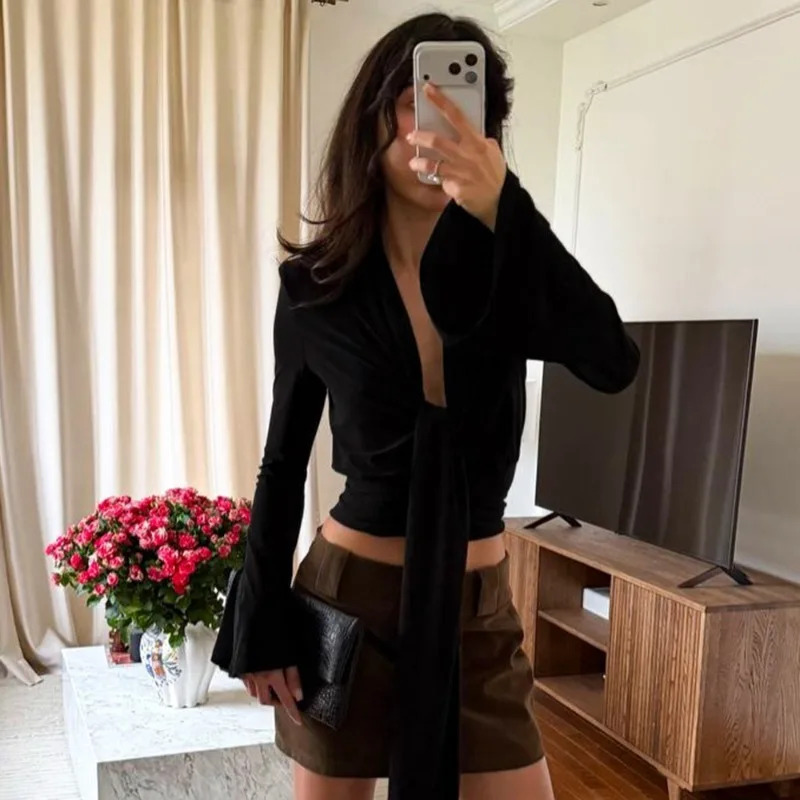 Talenza Fashion Women's Tops New Pleated Bell Sleeves Lace-Up V-Neck Shirt Elegant Casual Commuting High Street Female T-Shirts