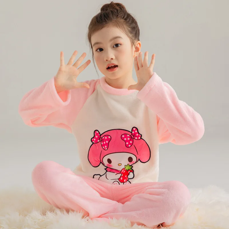 Sanrio Kawaii Pajamas Pants Set Kuromi Cinnamoroll Melody Girls Clothes Winter Thickening Flannel Anime Home Nightwear Trousers