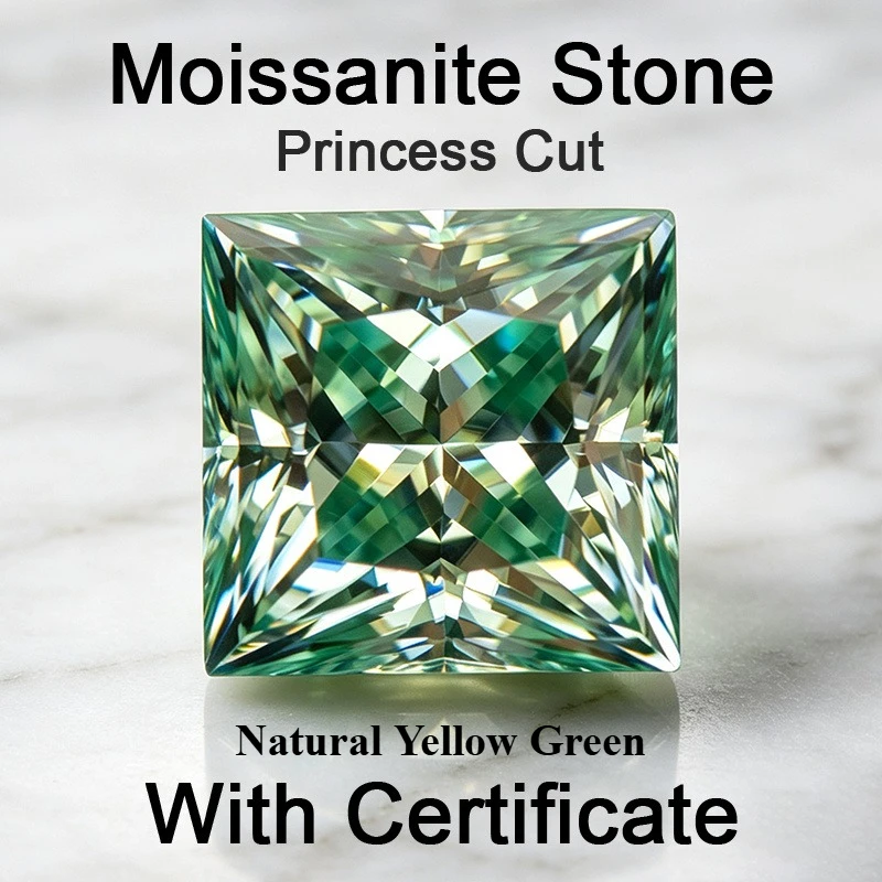 Moissanite Stone Princess Cut Natural Yellow Green Gemstone for DIY Charms Jewelry Making Pass Diamond Test with Certificate