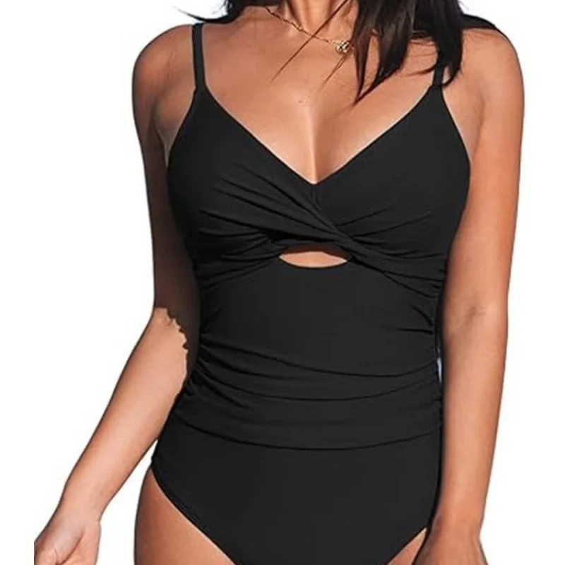 

Popular solid color one-piece swimsuit for women, hollow-out sexy bikini, ruched slimming swimsuit for women