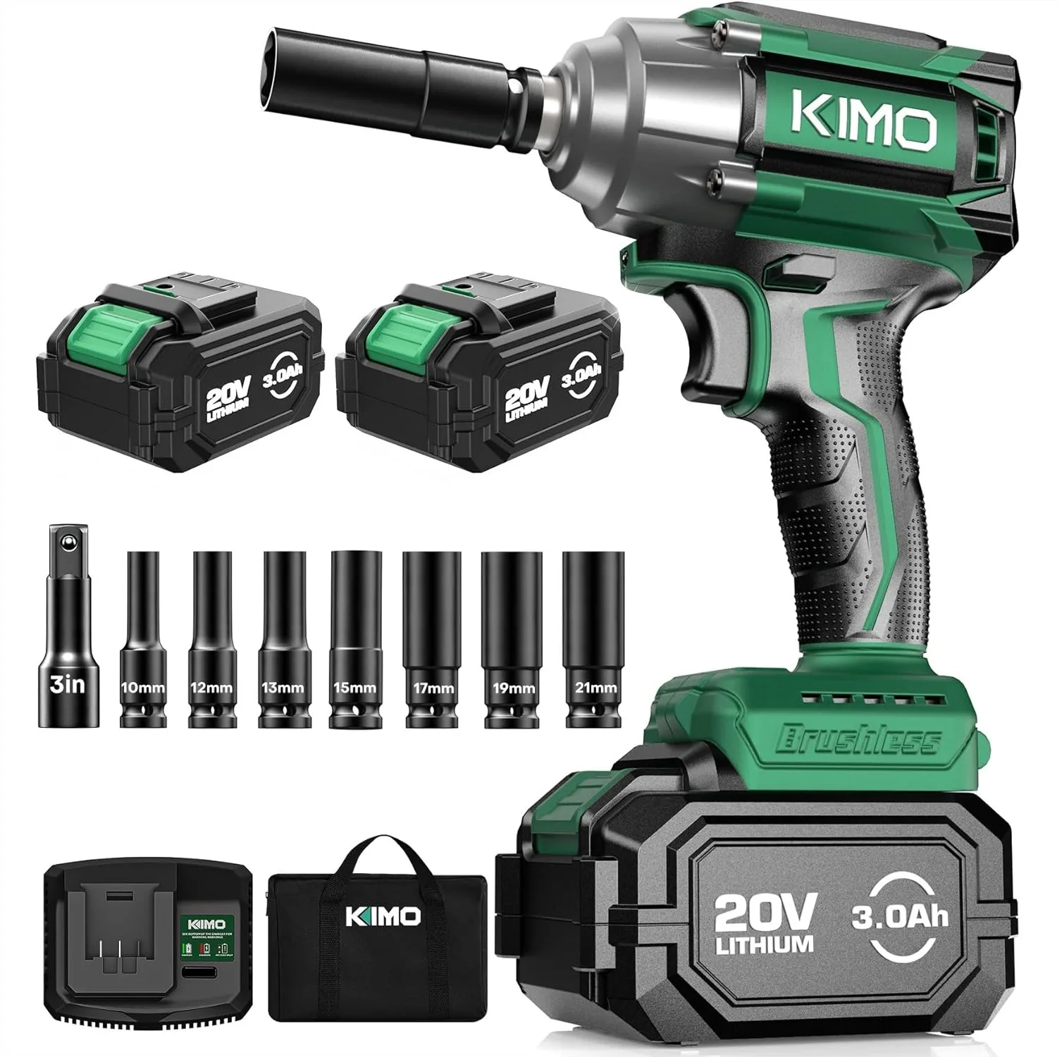 

Cordless Impact Wrench 1/2 inch, 550N.m Max Torque & 3000RPM, 2x20V 3.0Ah Batteries, 7 Sockets Kit for Car Tire Repair