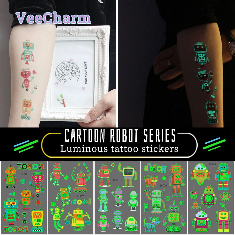 

VeeCharm - Cartoon Robot Glow in The Dark Temporary Tattoos Stickers for Kids, Party Supplies Gifts, Fake Tattoos, 1/12 Sheet