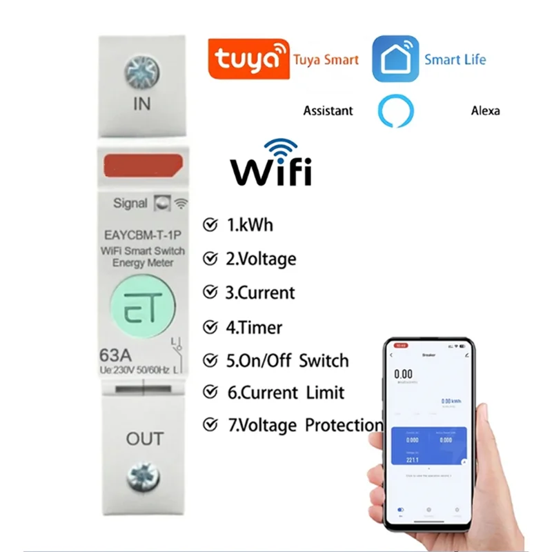 A63Z أعلى 1P TUYA APP WIFI قياس حامي الذكية استهلاك الطاقة كيلووات ساعة متر قطاع دارة الوقت التتابع التبديل