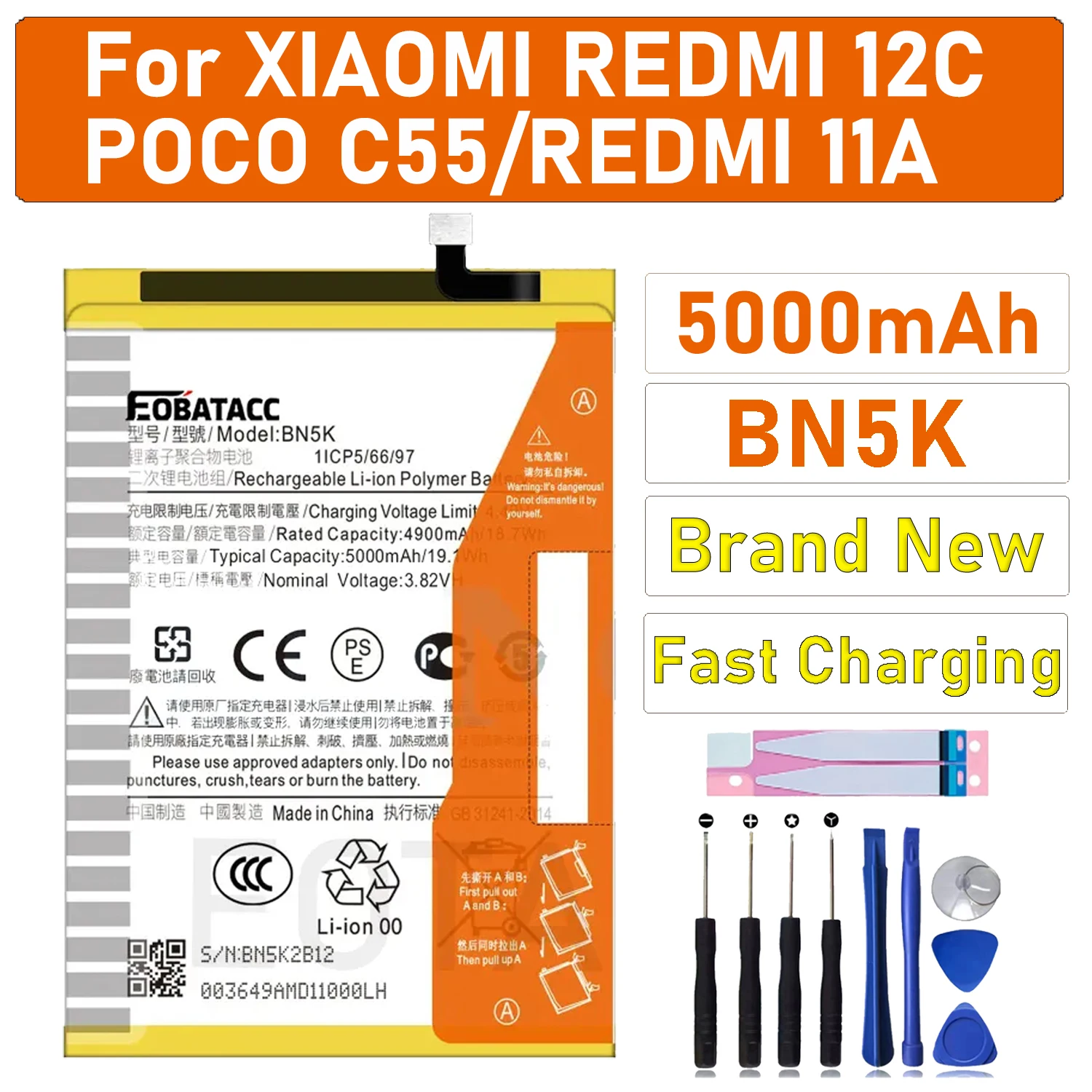 

2025 Years 100% BN5K High Quality New Replacement 5000mAh Battery BN5K For Xiaomi Redmi 12C Phone Batteries + Free Tools