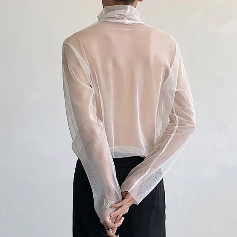 Sexy Perspective High-Neck Men's Long Sleeve T-Shirt Spring Summer Net Yarn Bottoming Shirt Transparent Black Tee Shirts Tops