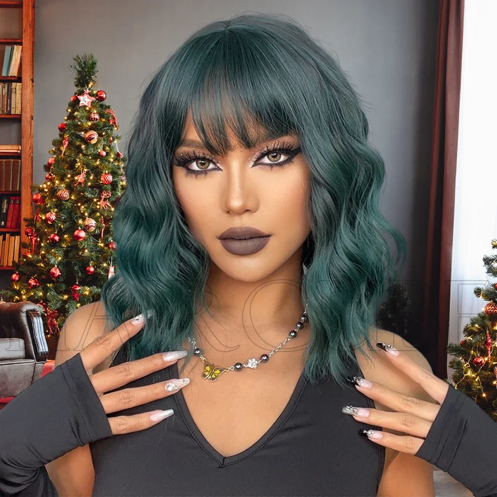 Halloween short gradient green & Blonde bangs shoulder-length curly ladies hair wig