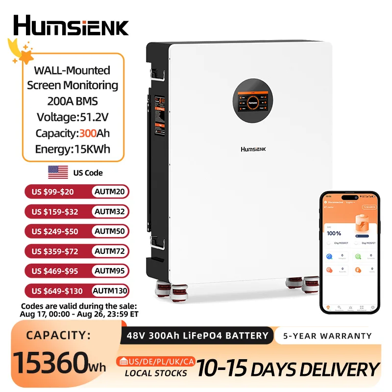 Humsienk 48V 300Ah LiFePO4 Battery for Vans, Golf Cart, Boat, RV, Camp, Solar Energy Storage, Bluetooth Real-Time Monitoring & LCD Display, 200A BMS, MAX.20480Wh, Low-Temp Protection, Rechargeable Lithium Battery, 5-Year Warranty