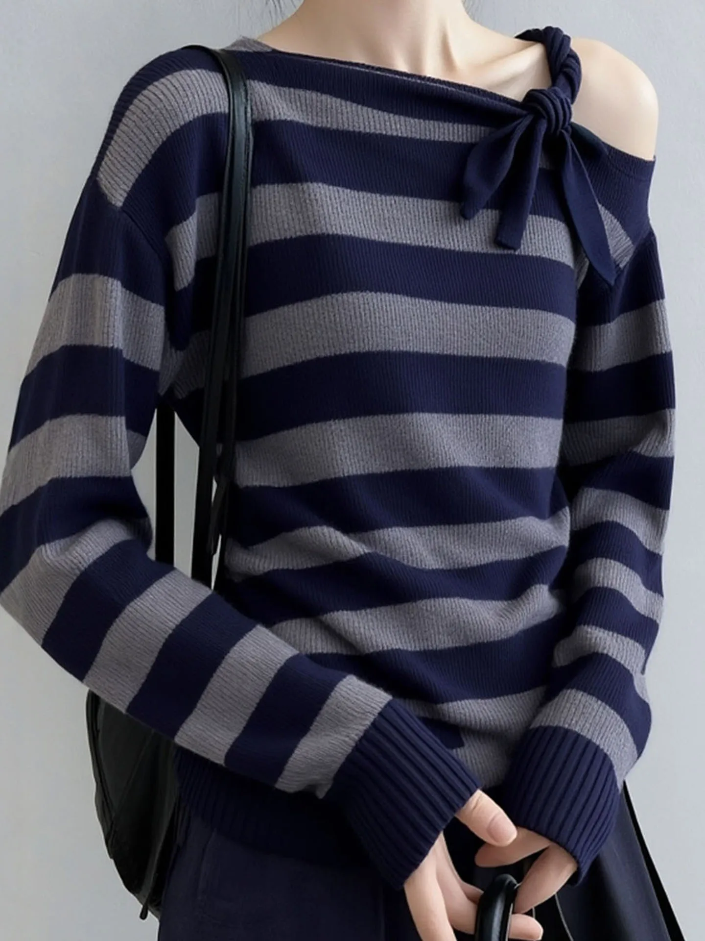 oulder Bared Striped Knitwear Thi Long Sve Lazy Sle High End Feeling Autumn Winter Women's Sweater Korean Loose Fit