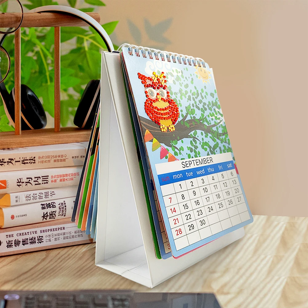 Paper Special Shaped Colorful Pattern Diamond Painting Calendar Ornament 5D DIY Manual Monthly Calendar for Table Decoration