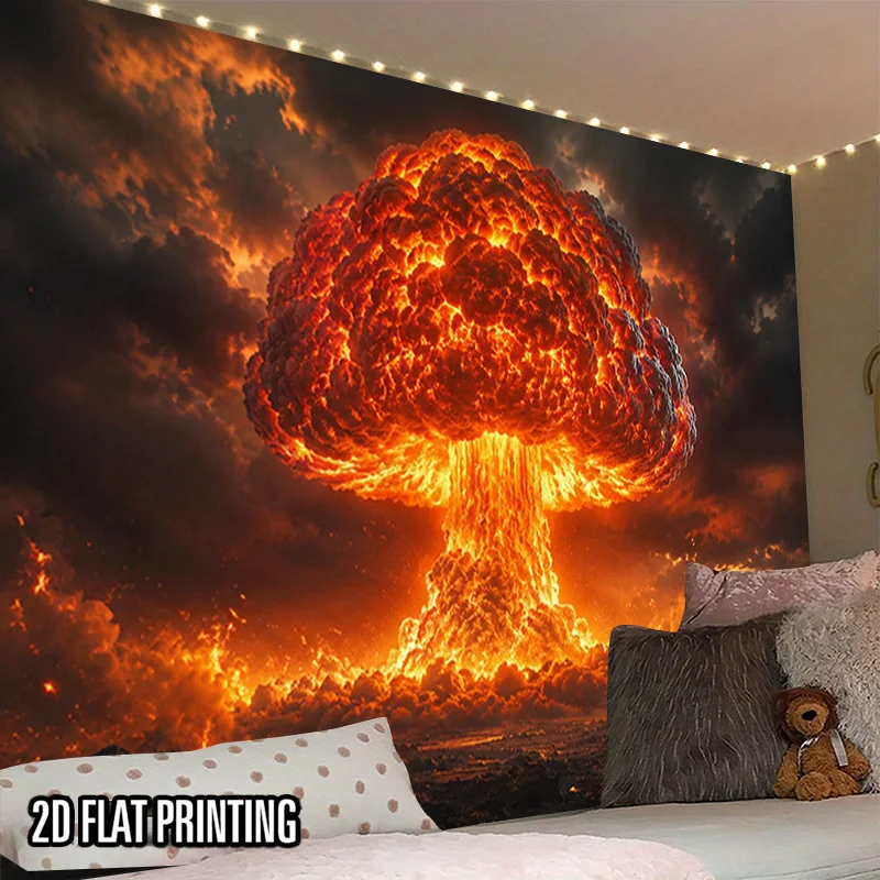 Fiery Volcano Eruption Tapestry, Dramatic Red Orange Lava Cloud Wall Hanging, Apocalyptic Fantasy Scene Bedroom Wall Art Decor