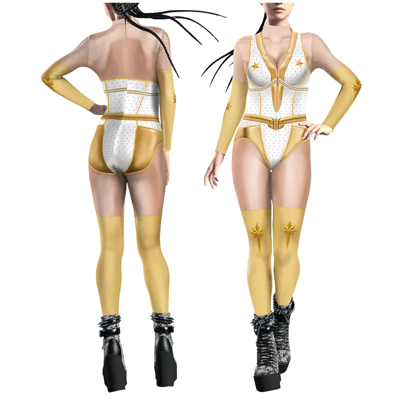Disfraz de Superhéroe Blanco Dorado para Mujer, Body con Estampado de Estrellas, Traje para Fiesta de Halloween, Comic Con, Ciencia Ficción, Zentai, Rave, Catsuit