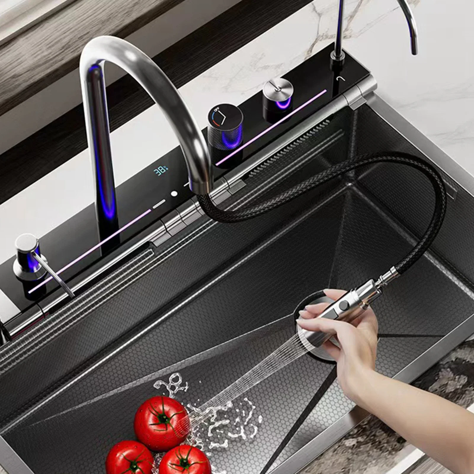 Kitchen Sink Digital Display Embossed Large Single Groove honeycomb Nano Raindance Waterfall Sink 29.5 INCH Sinks for kitchen