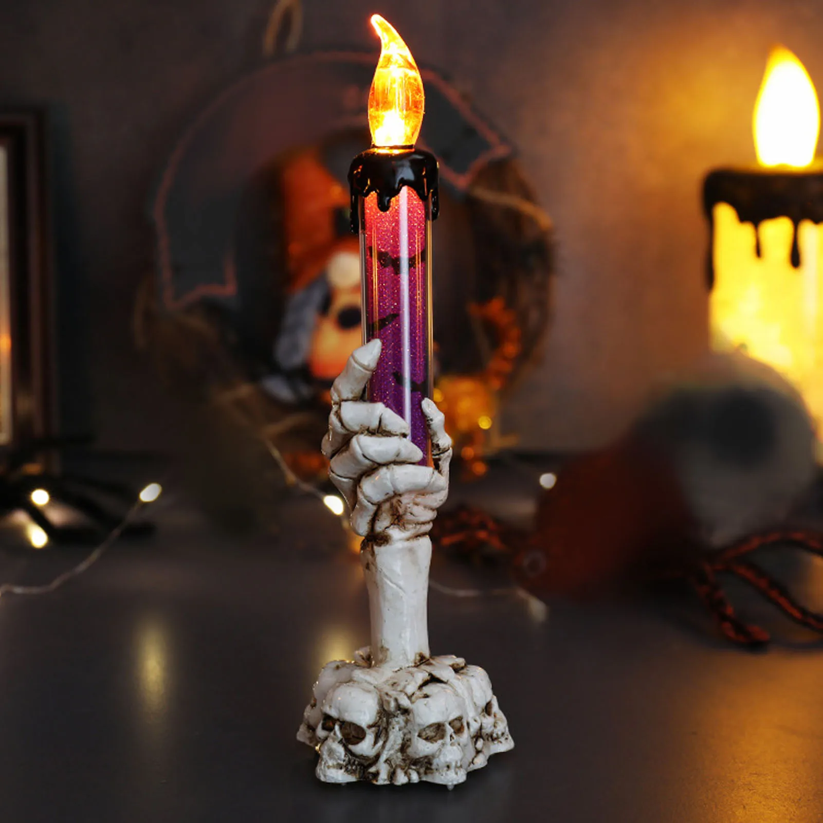 ZK50 Halloween Skull Candle Holder Light Skeleton Ghost Hand Flameless Candle Lamp Party Bar Decoration Lamp Purple